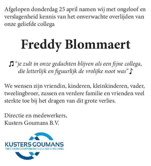 Freddy Blommaert overleden